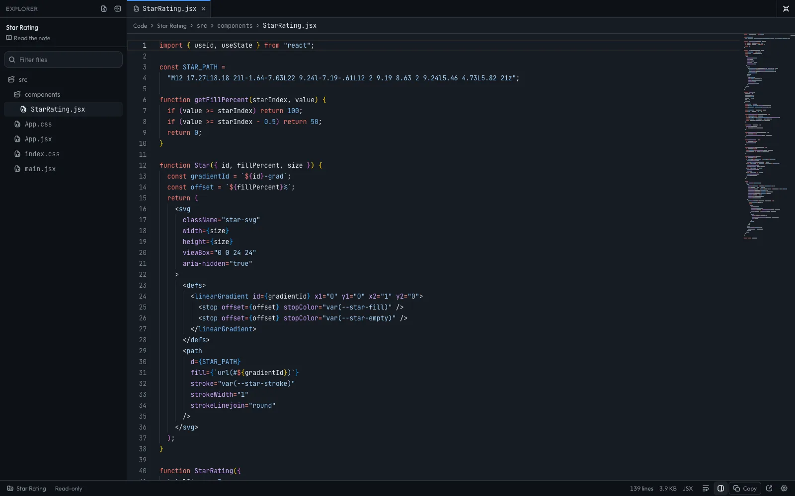 The code editor in full page mode with a React problem open: the file explorer on the left, a tab and breadcrumbs above the JSX source, a minimap, and the status bar with the line count, language and editor settings.