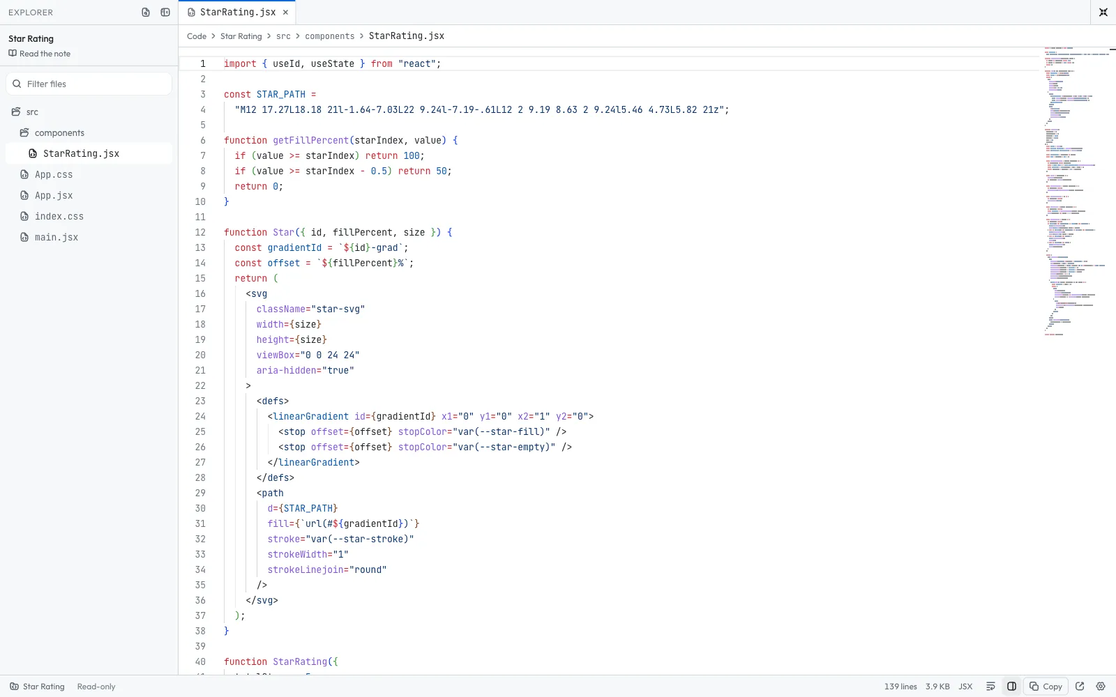 The code editor in full page mode with a React problem open: the file explorer on the left, a tab and breadcrumbs above the JSX source, a minimap, and the status bar with the line count, language and editor settings.