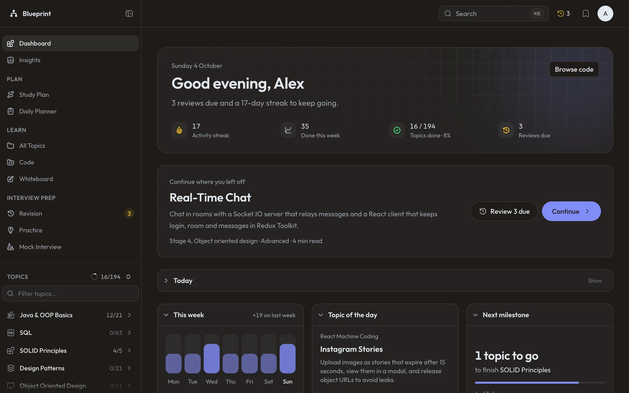 The dashboard greeting the reader with Good evening, Alex: three reviews due and a 17-day streak, stats for the streak, this week's activity, topics done and reviews due, a Continue where you left off card, and below it This week bars, a topic of the day and the next milestone.