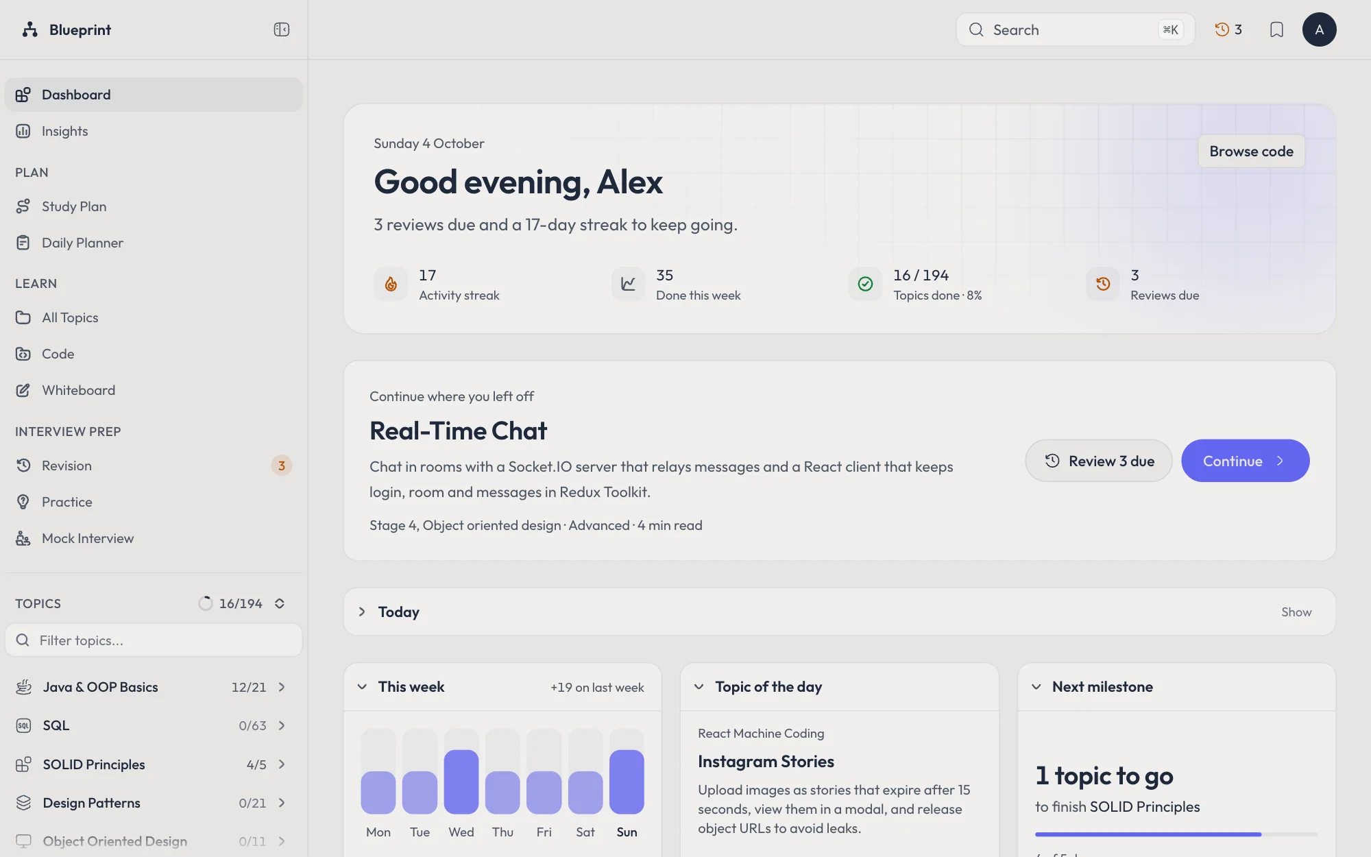 The dashboard greeting the reader with Good evening, Alex: three reviews due and a 17-day streak, stats for the streak, this week's activity, topics done and reviews due, a Continue where you left off card, and below it This week bars, a topic of the day and the next milestone.